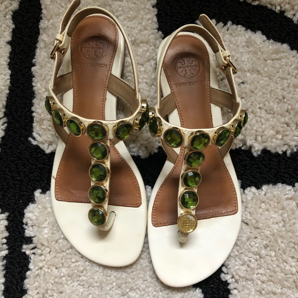 TORY BURCH Mariah White and Gold White Patent Leather Flat T-strap Sandal